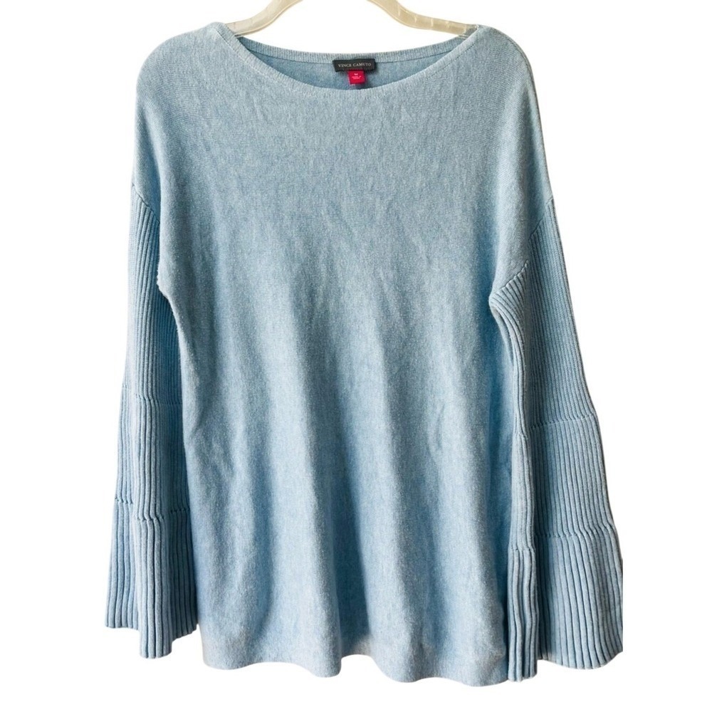 Vince Camuto Sweater Ribbed Bell Sleeves Womens Medium Light Blue Cotton Modal